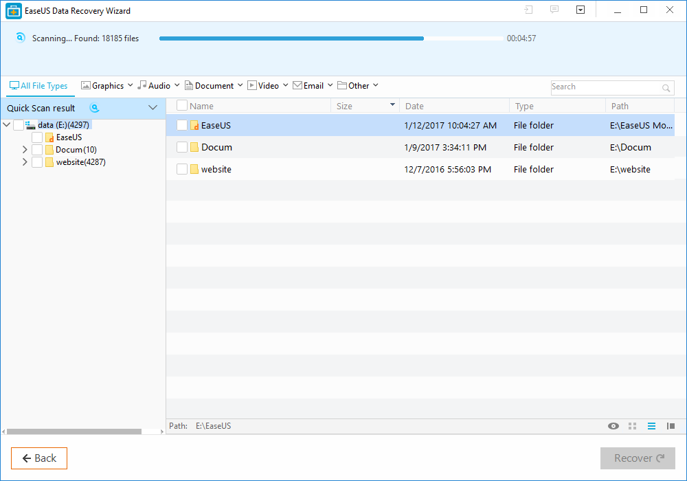 scanning for lost files and folders using easeus data recovery wizard 