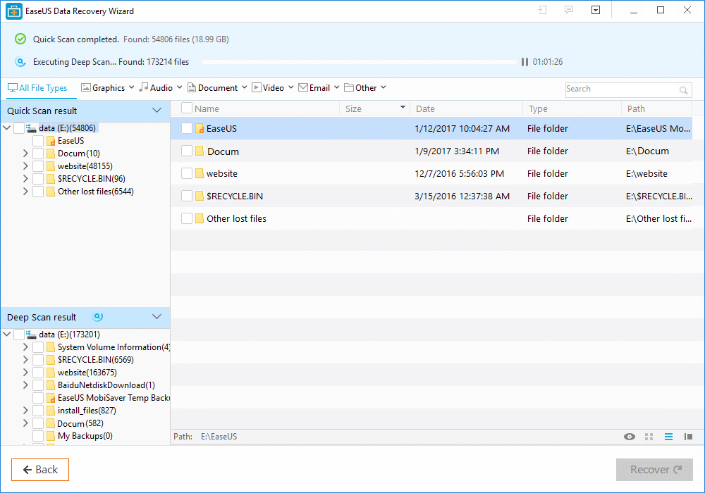 list of lost files and folders that can be recovered using easeus data recovery wizard 