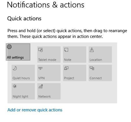 rearranging quick actions icons in windows 10