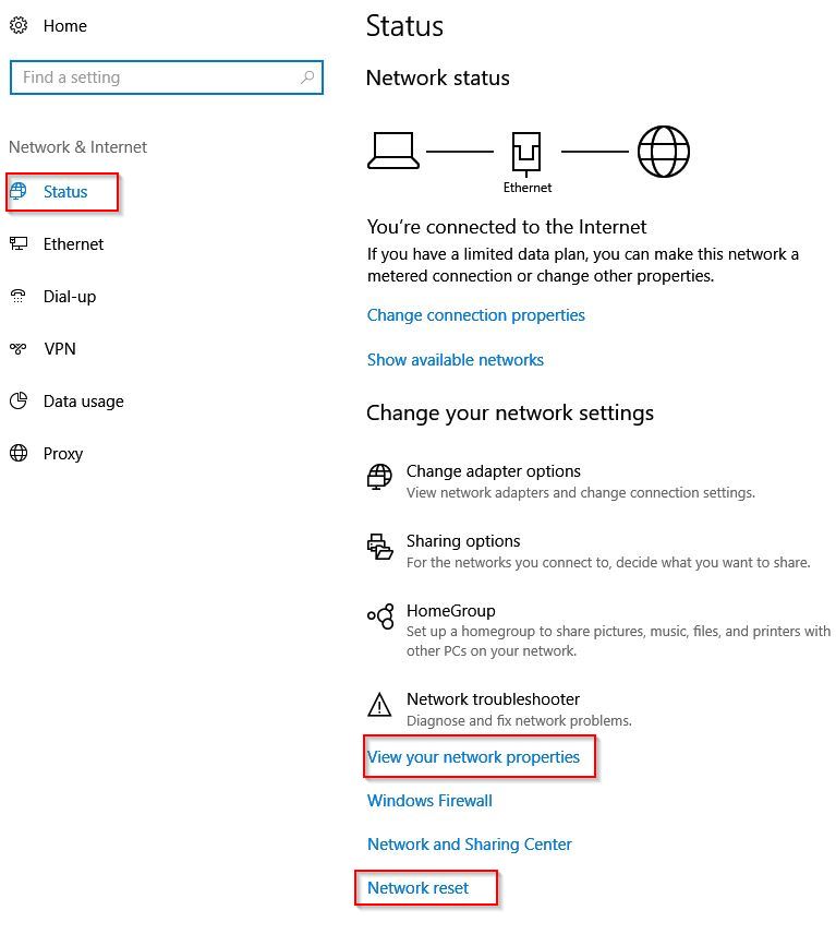 view Windows 10 network status and then reset