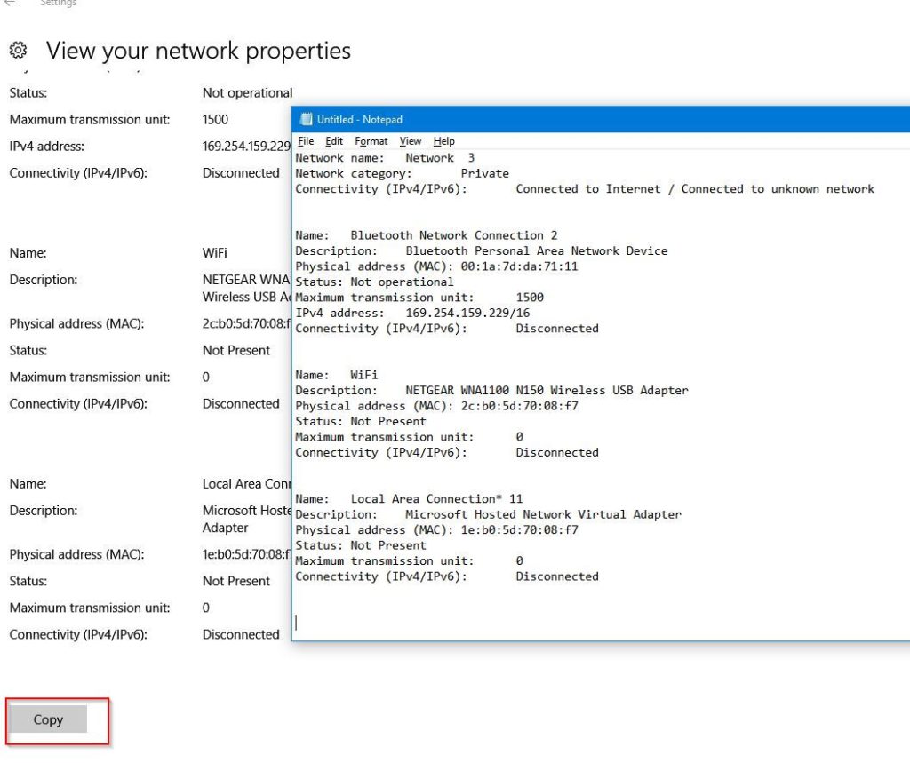 saving windows 10 network information to text file before reset