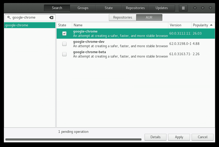 choosing google chrome version from AUR repository