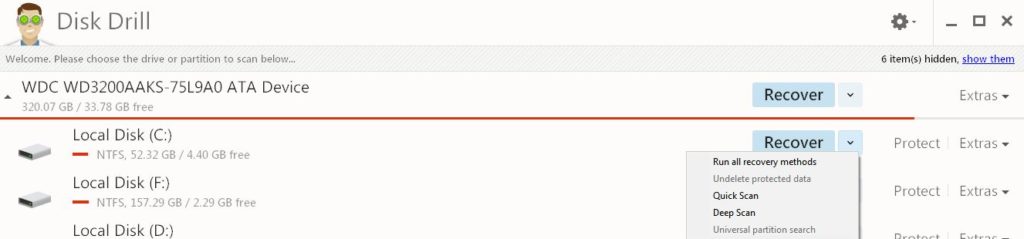 selecting partition for data recovery in disk drill