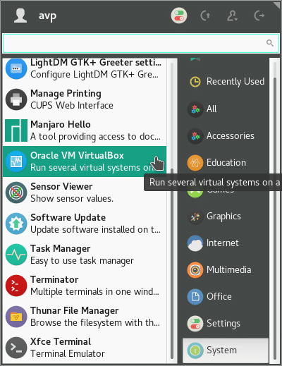 virtual box installed in Manjaro Linux