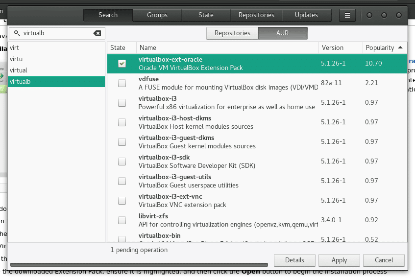 installing virtual box extensions from AUR