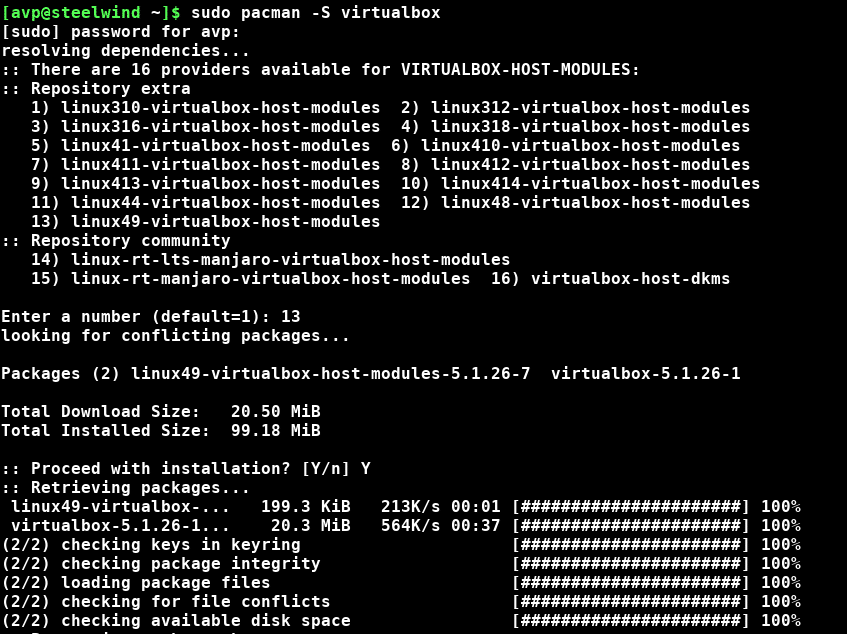 installing virtual box in Manjaro from command line