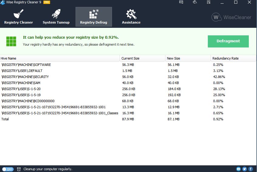 performing registry defrag using wise registry cleaner pro