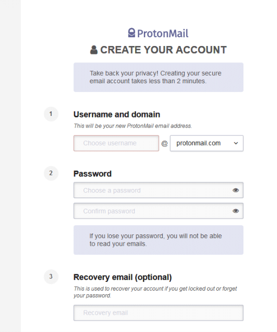 sign-up process for protonmail 