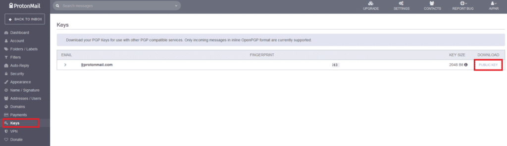 downloading protonmail public key