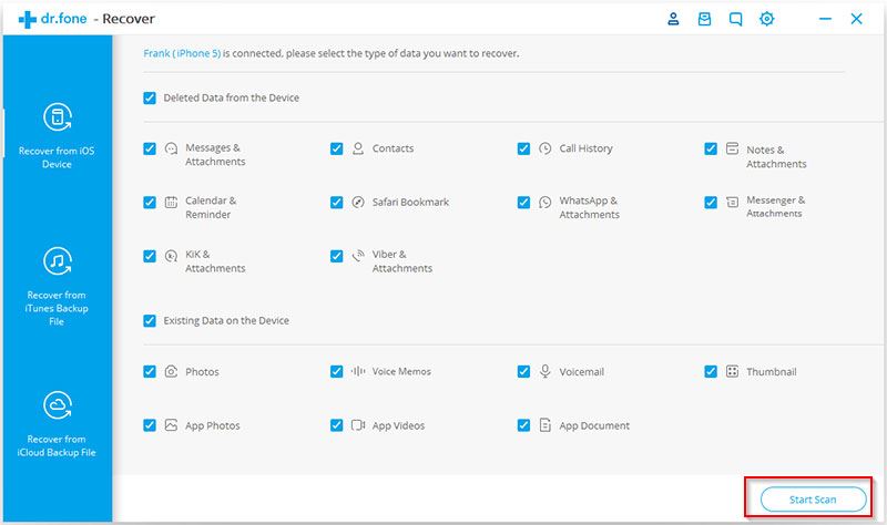 choosing data to scan and recover in dr.fone