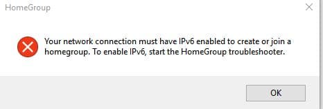 enable ipv6 error in Windows 10 homegroup