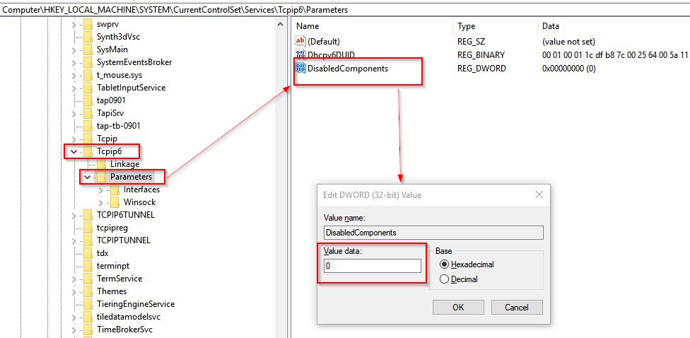 editing ipv6 registry parameters in windows 10