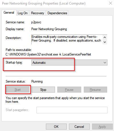 setting peer networking grouping service to start automatically