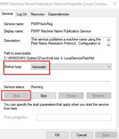 setting PNRP machine name publication service to start automatically