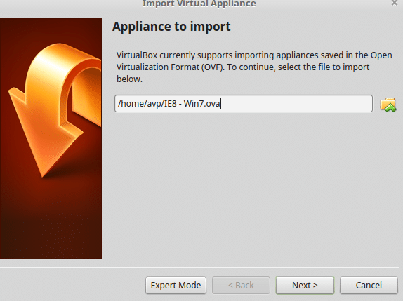 importing Windows virtual appliance in VirtualBox