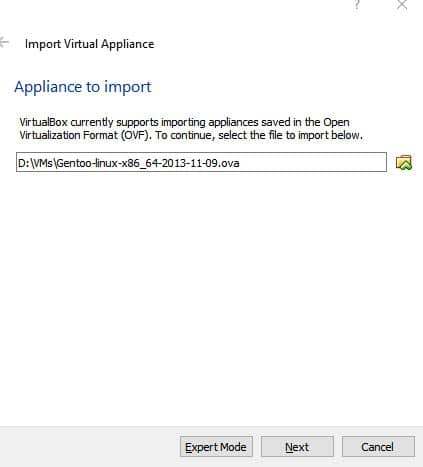 choosing gentoo ova for importing in virtualbox