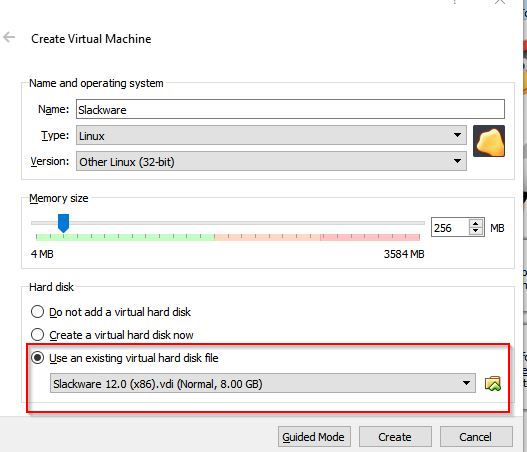 choosing existing virtual disk file for slackware