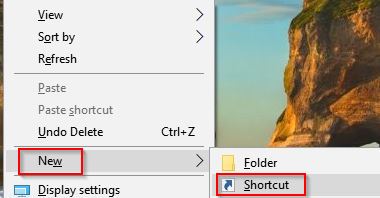 creating a new shortcut in Windows 10