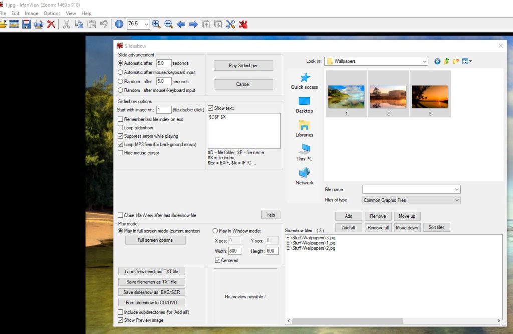 adding images for slideshow in IrfanView