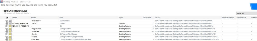 shellbag analyzer & cleaner results of existing shellbags