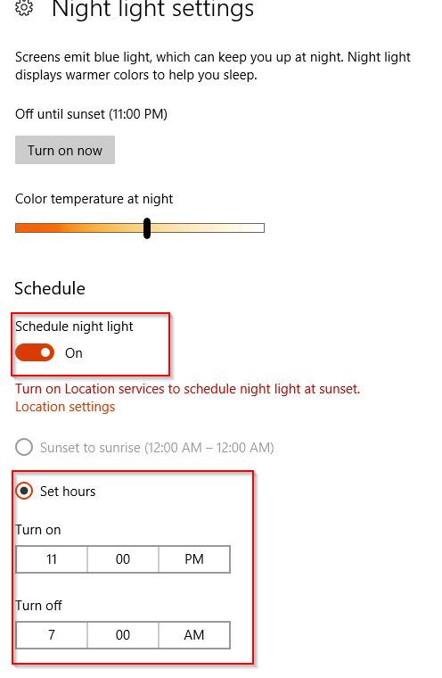 configuring night light settings and scheduling hours