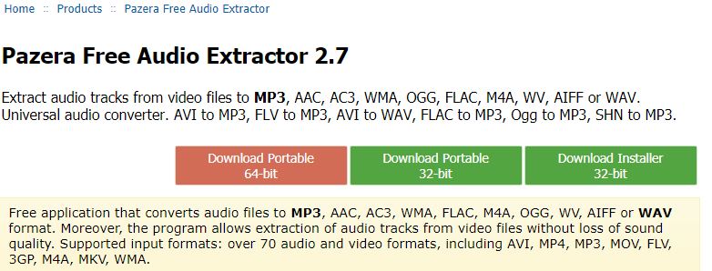 download page for Pazera Free Audio Extractor