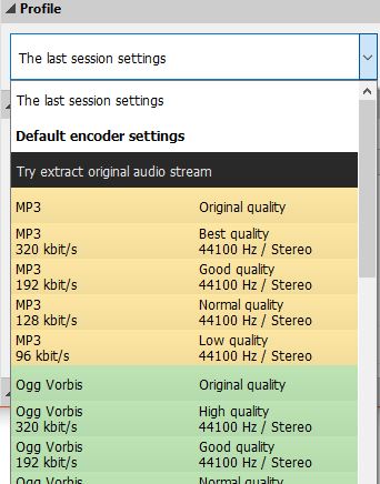 choosing a preset profile for audio conversion in Pazera Free Audio Extractor