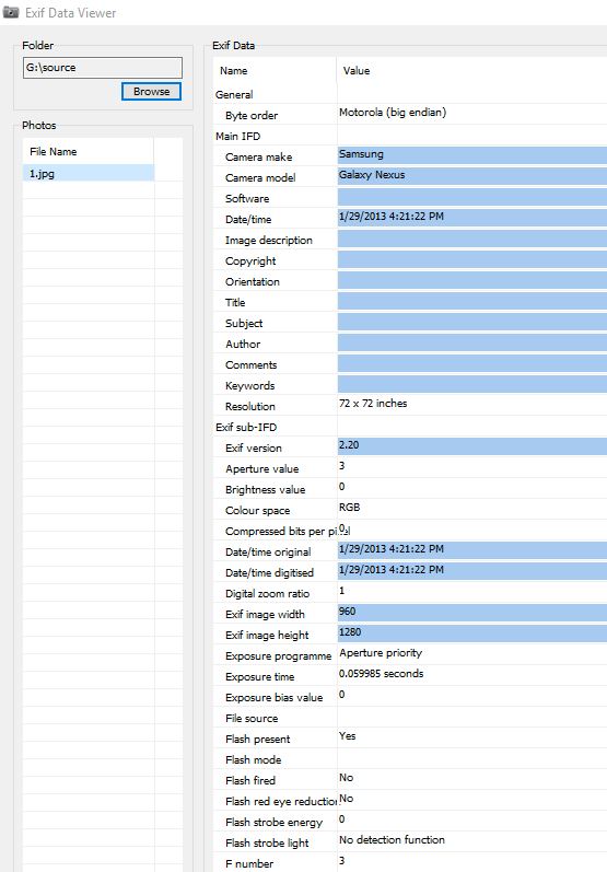 viewing exif data from images