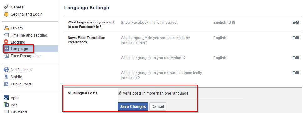 Language settings in Facebook