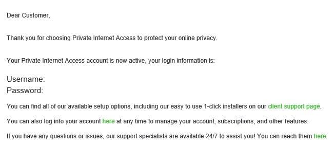 PIA VPN account login details after purchase