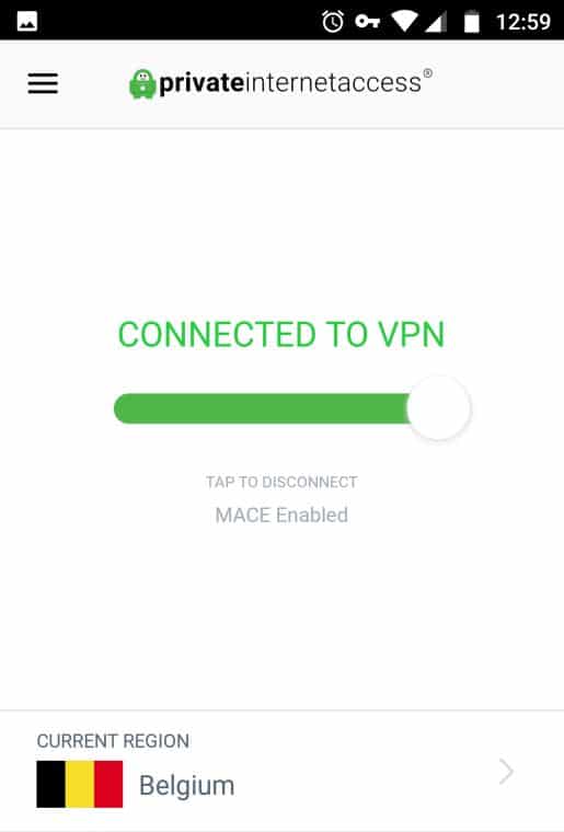 PIA VPN Android app connection active