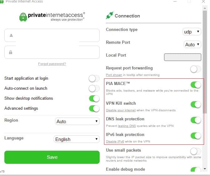 changing different settings in PIA VPN