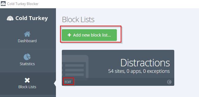 adding a new block list in Cold Turkey