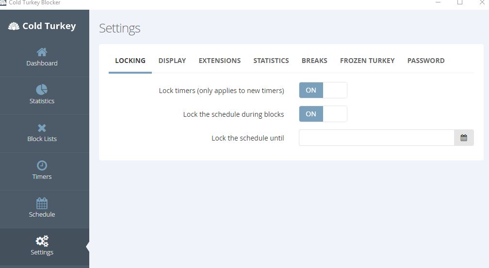 Cold Turkey lock timer settings