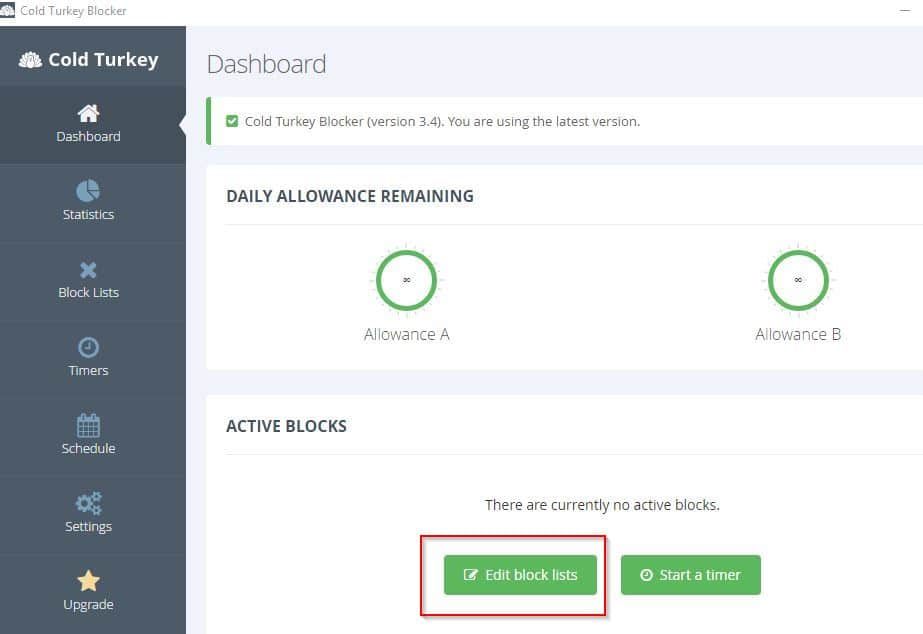 Cold Turkey dashboard