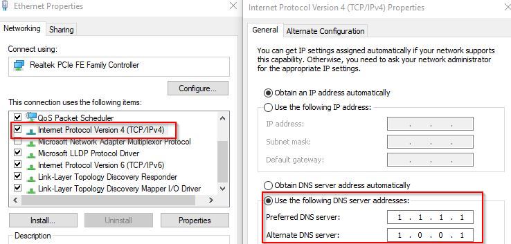 CloudFlare DNS IPv4 settings in Windows 10