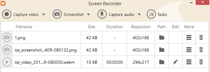 list of video captures and screenshots using Icecream Screen Recorder