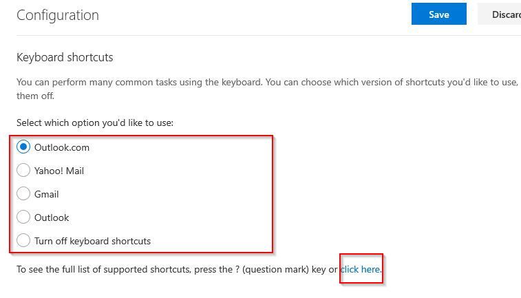 enabling different keyboard shortcut layouts in outlook.com