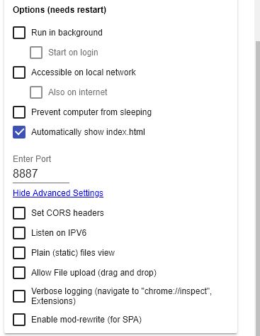 changing settings in Web Server for Chrome extension