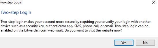enabling two step login for Bitwarden 