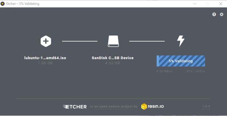 validating the flashing process in Etcher