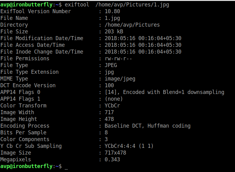 image details after removing exif data using exifttool in Ubuntu/Linux Mint