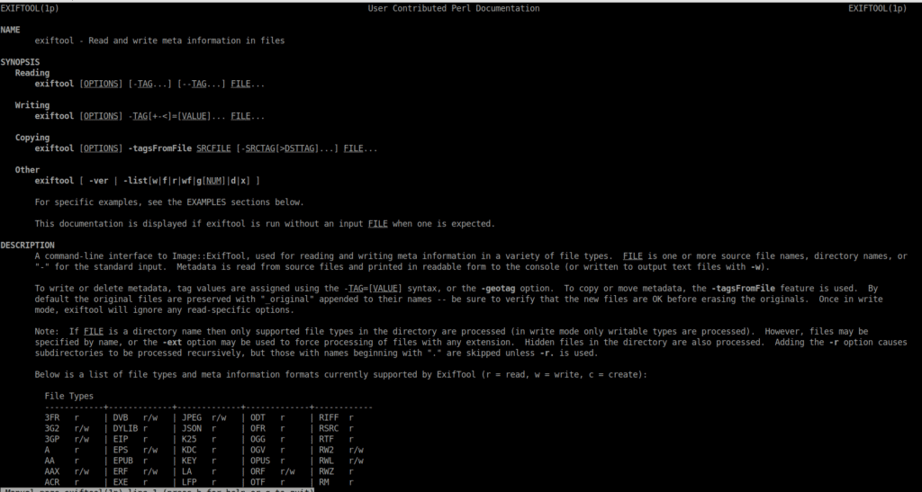 man page for exiftool