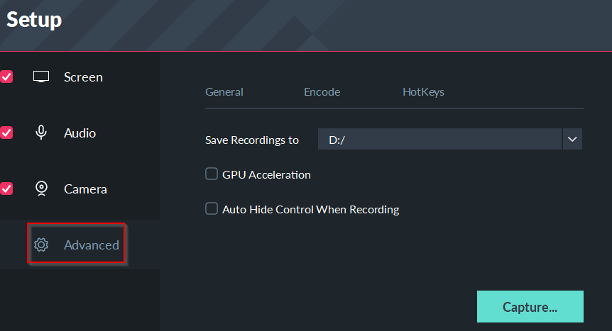 configuring advanced settings in filmora scrn