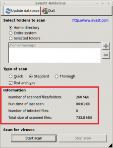 Avast Linux Home Edition - showing scan results in Linux Mint / Ubuntu