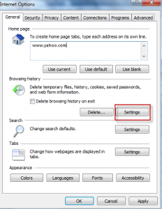 History and temporary internet file settings in Internet Explorer 9