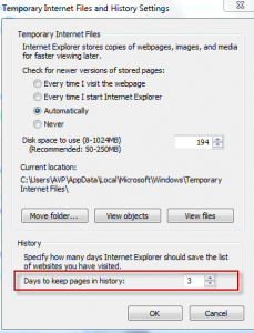 Change history settings in Internet Explorer 9