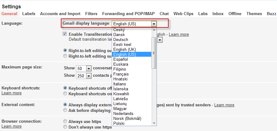 Gmail display language settings