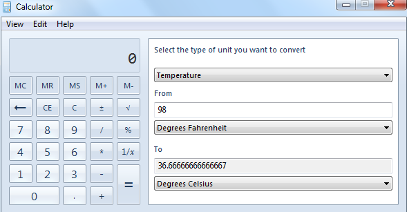 Converting units in Windows calculator