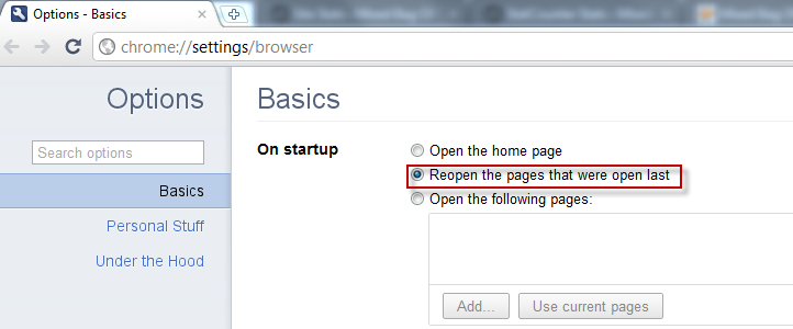 Enable session restore in Google Chrome
